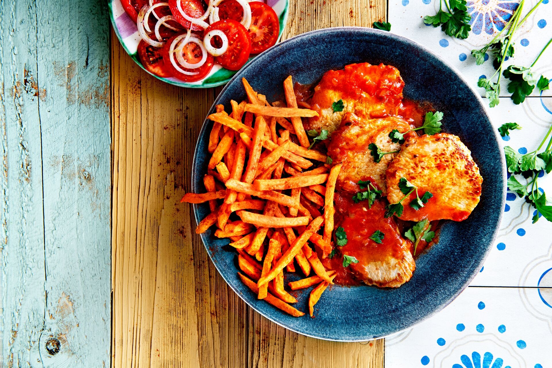Aviko-Sweet Potato Fries schnitzel piri pire tomato sauce
